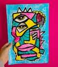 Unik og fargesterk kunst med blått, rosa, gult og grønn.  thumbnail