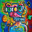 Fargerik popkunst ekspresjonisme maleri i farger rosa, rødt, blått, grønt og gult.  thumbnail