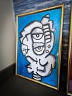 Unik kunst figur tegning med akryltusj, kullstift og maling. Mixed media kunstverk med ramme. Surrealistisk lowbrow figur med ekspresjonisme kunst stil.  thumbnail