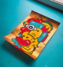 Håndmalt maleri på papir. Kubisme pop art kunst i blått, gult, rødt og kobber farget bakgrunn.  thumbnail