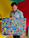 Fargerikt pop art maleri - Kunst med mye farger - Originalt håndmalt maleri til stue - Akrylmaleri på lerret thumbnail
