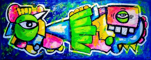 Stort maleri til stue med fargerik kunst på lerret - Pop art kubisme street art moderne kunst