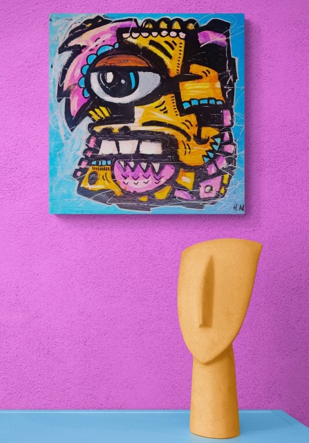 Fargerik kunst på lerret. 