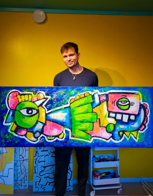 Stort maleri til stue med fargerik kunst på lerret - Pop art kubisme street art moderne kunst