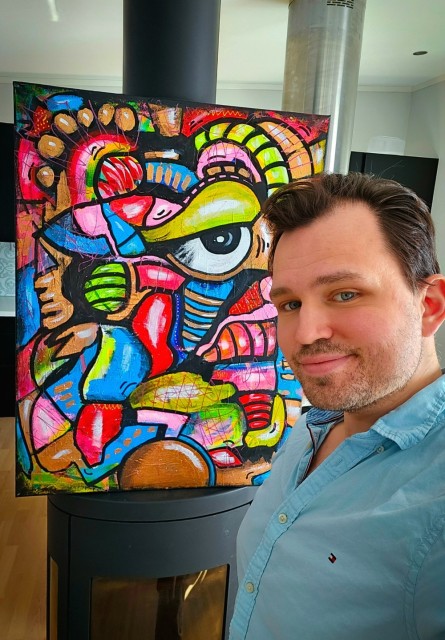 Norsk kunstner Håkon Morønning og akryl maleri på lerret. Farger primært med blått, gul/grønt og rødt. 