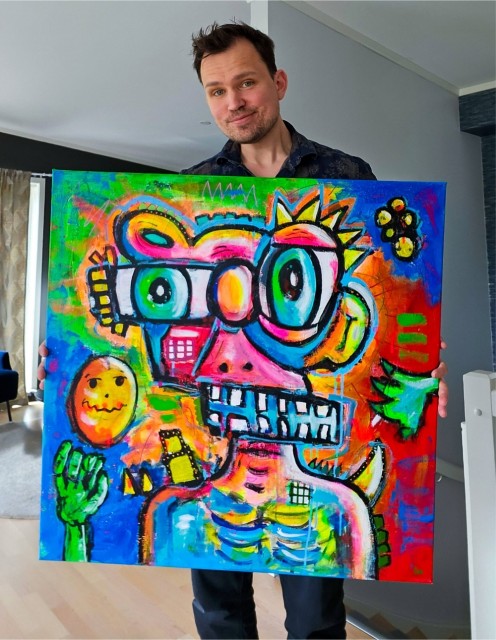 Norsk kunstner Håkon Morønning og fargerik kunst, med stort maleri til stue (lerretsbilde - original kunst)