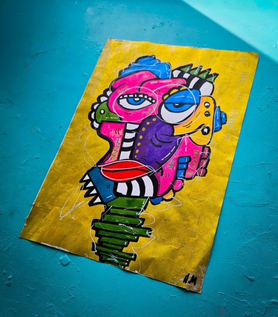 Originalt akrylmaleri med kubisme kunst. 