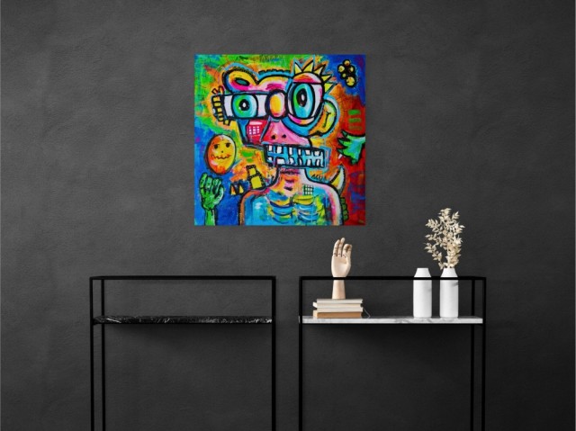 Maleri med mørkt interiør. Fargerik kunst på lerret til stue. 