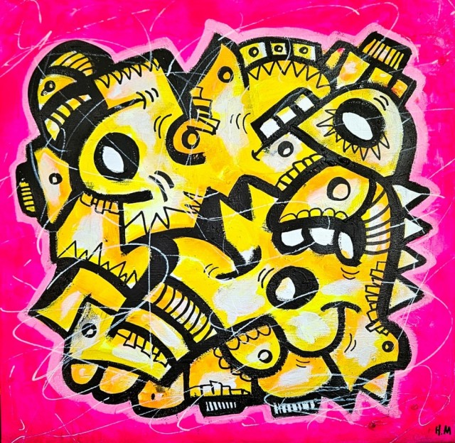 Abstrakt street art kunst på lerret. Fargerik kunst, gult og rosa maleri. 