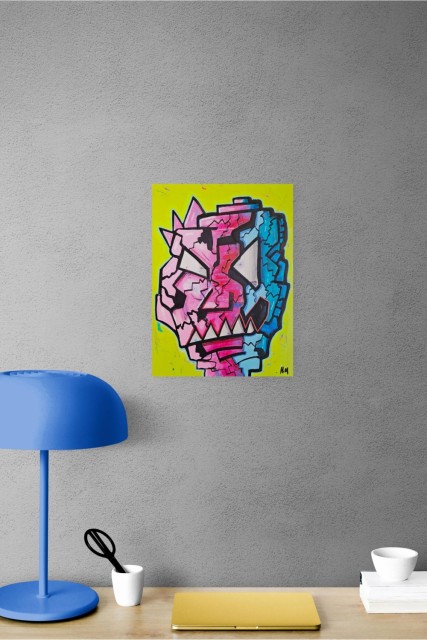 Pop art maleri på lerret til stue, kontor eller andre rom. Fargerik figur med neon farger, bilde med farger til veggen. 