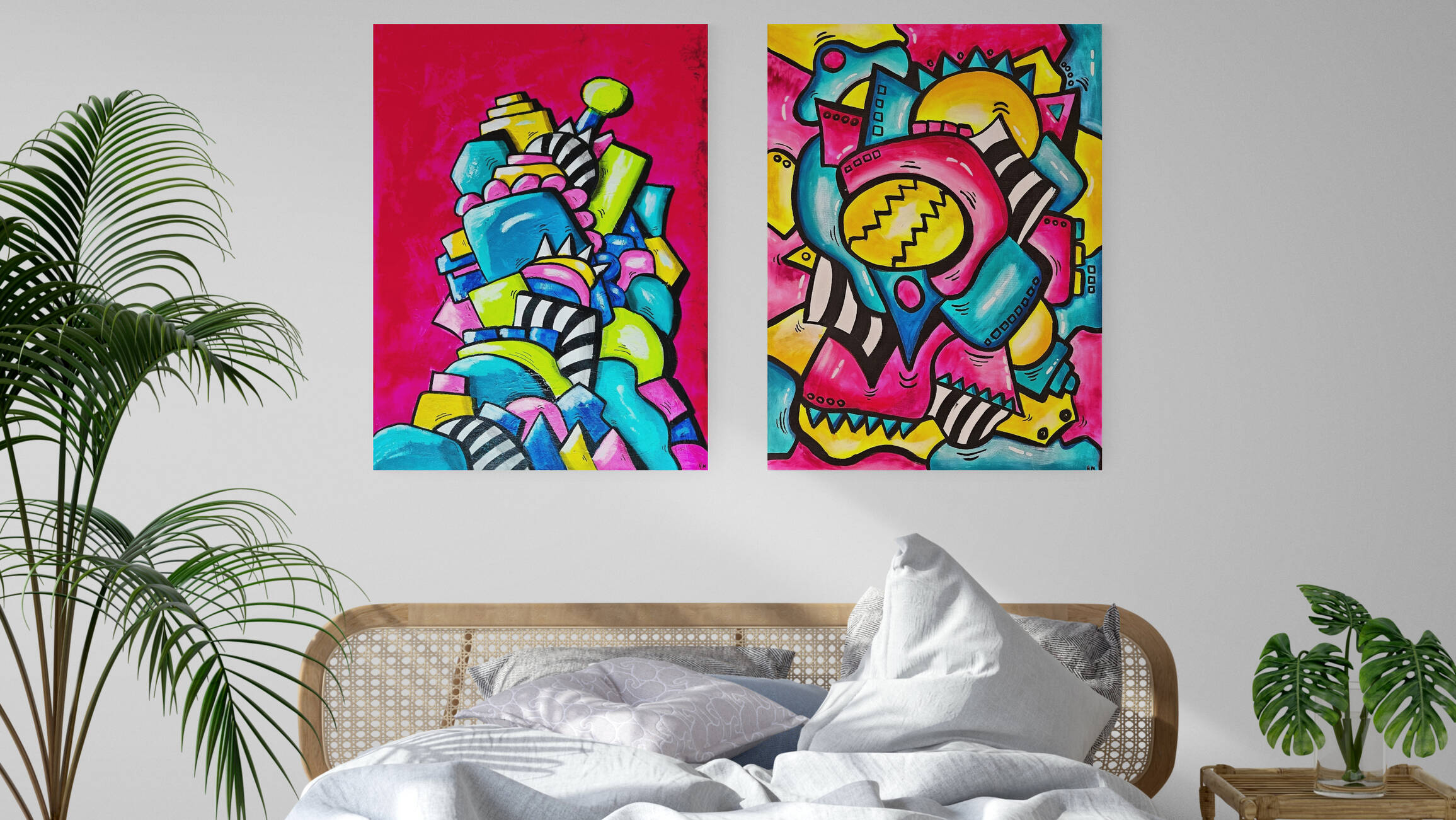 fargerik-minimalisme-ekletisk-interior-skandinavisk-farge-stil-pop-art-malerier-kunst-med-farger